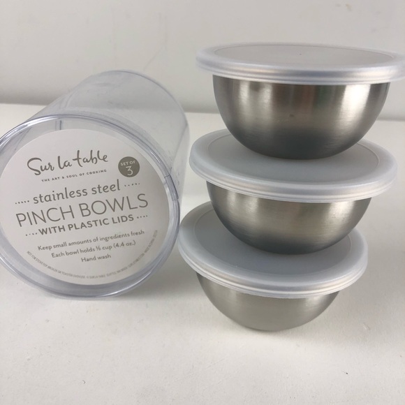 Sur La Table Set of 3 Stainless Steel Pinch Bowls w Lids Cooking Chef NIB - Picture 1 of 6